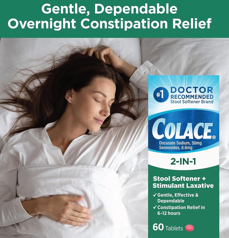 COLACE 2-In-1 Stool Softener Plus Stimulant Laxative for Gentle Effective Constipation Relief, Docusate Sodium Plus Sennosides, 60 Count - Image 1